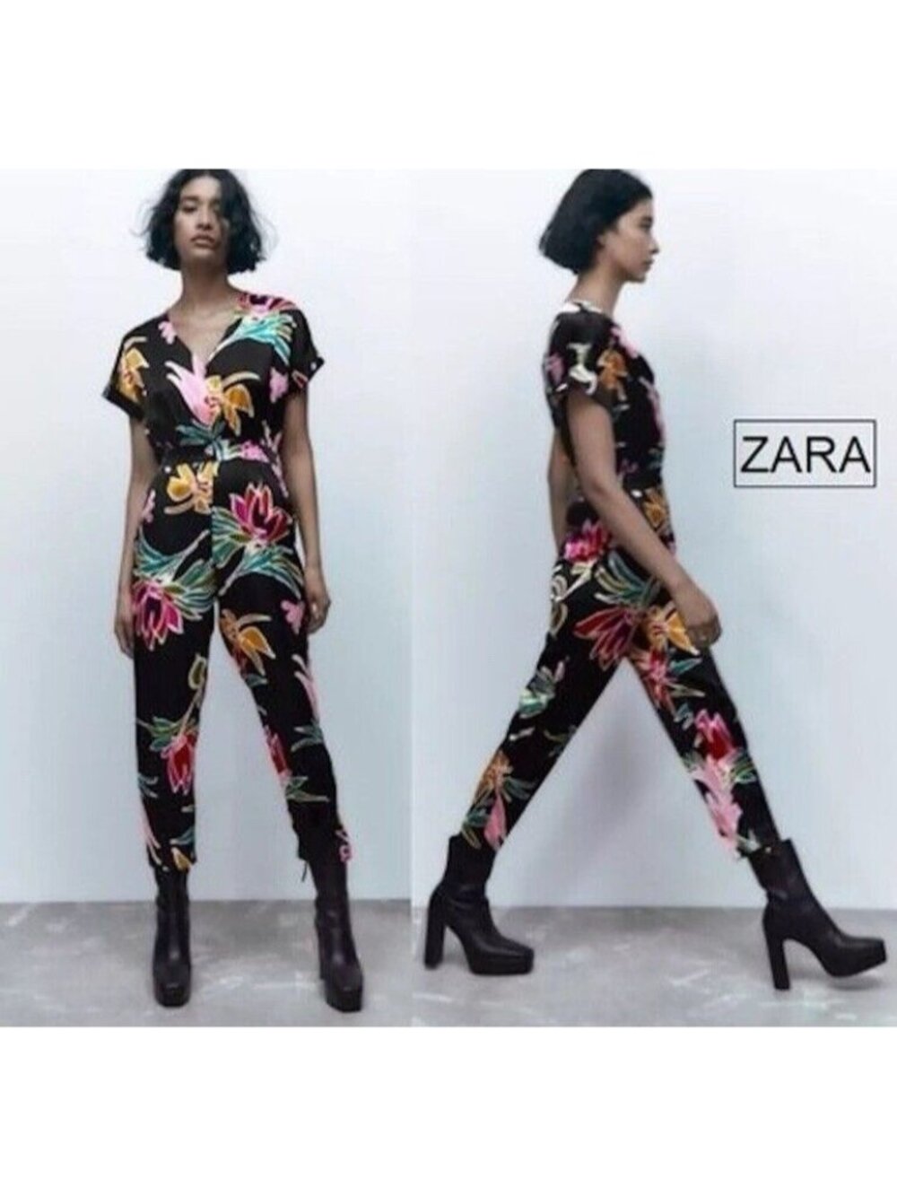 Zara Jumpsuit Pants XL Extra Large Colorful Wide Leg Silky Tropical Floral